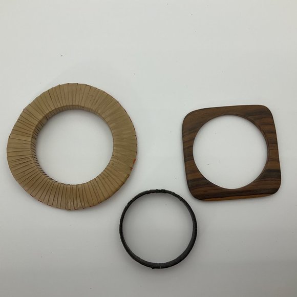 Set Lot 3 Handmade Bangles Bracelets Natural Wood and Woven Palm Tree Tribal - Picture 5 of 10